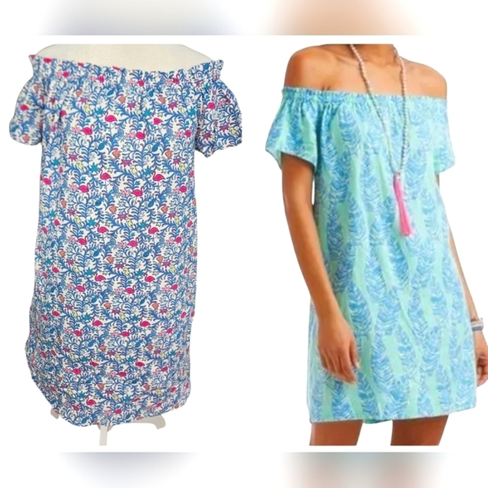 VINEYARD VINES Off The Shoulder Mini Dress In Floral Flamingos Blue Multi.SM NWT